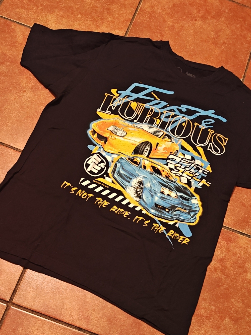 Affliction Navy Tee with Yellow & Blue Race Cars